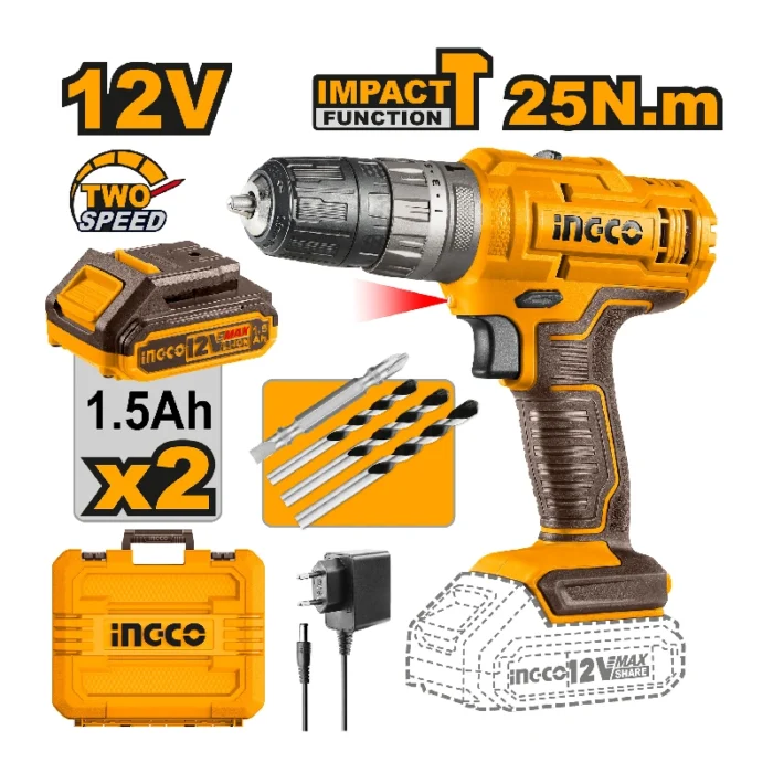 12V Cordless Impact Drill – Dual Speed with Accessories - Image 1