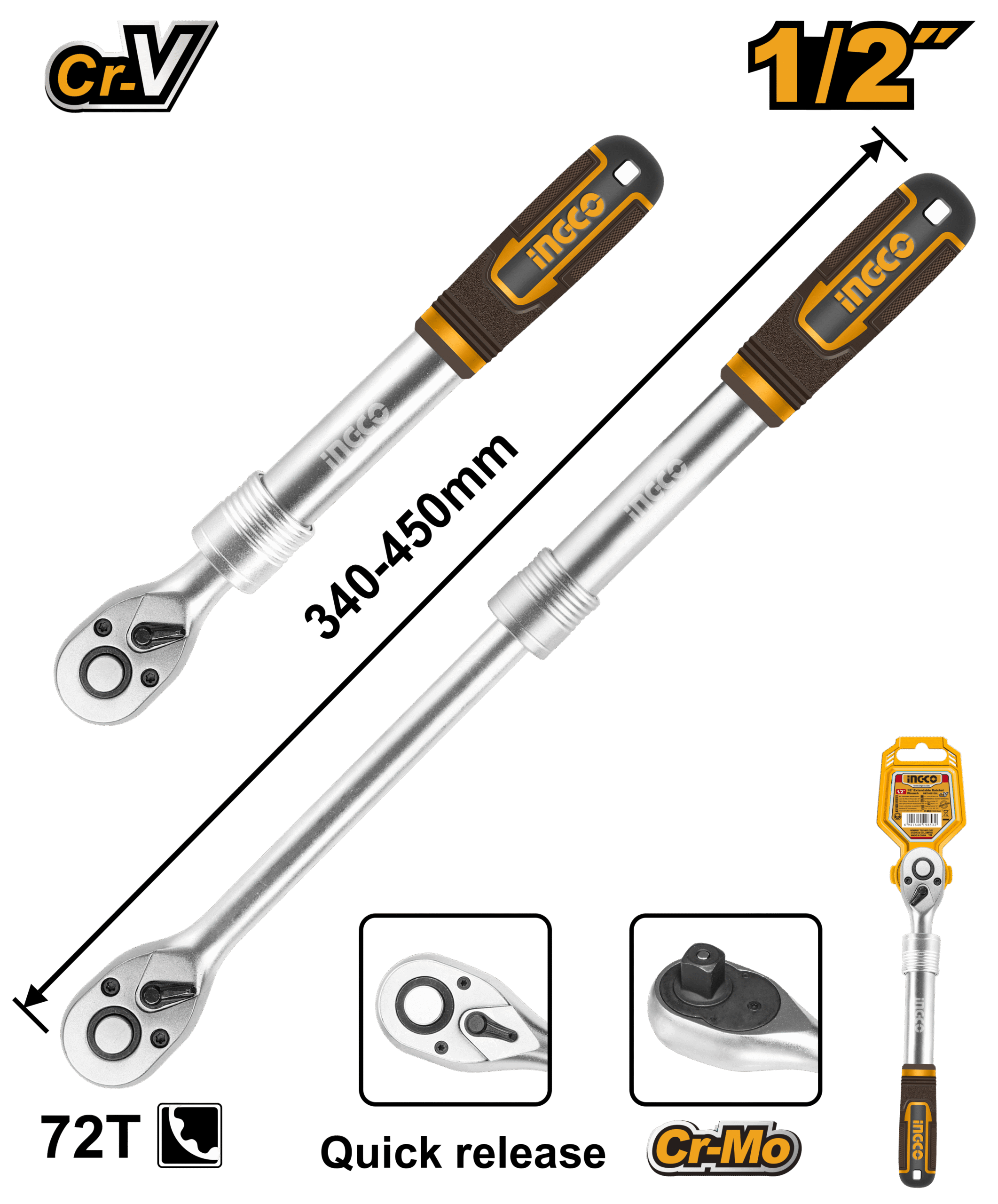 HRTH08128L 1/2" Extendable ratchet wrench HRTH08128L - Image 1