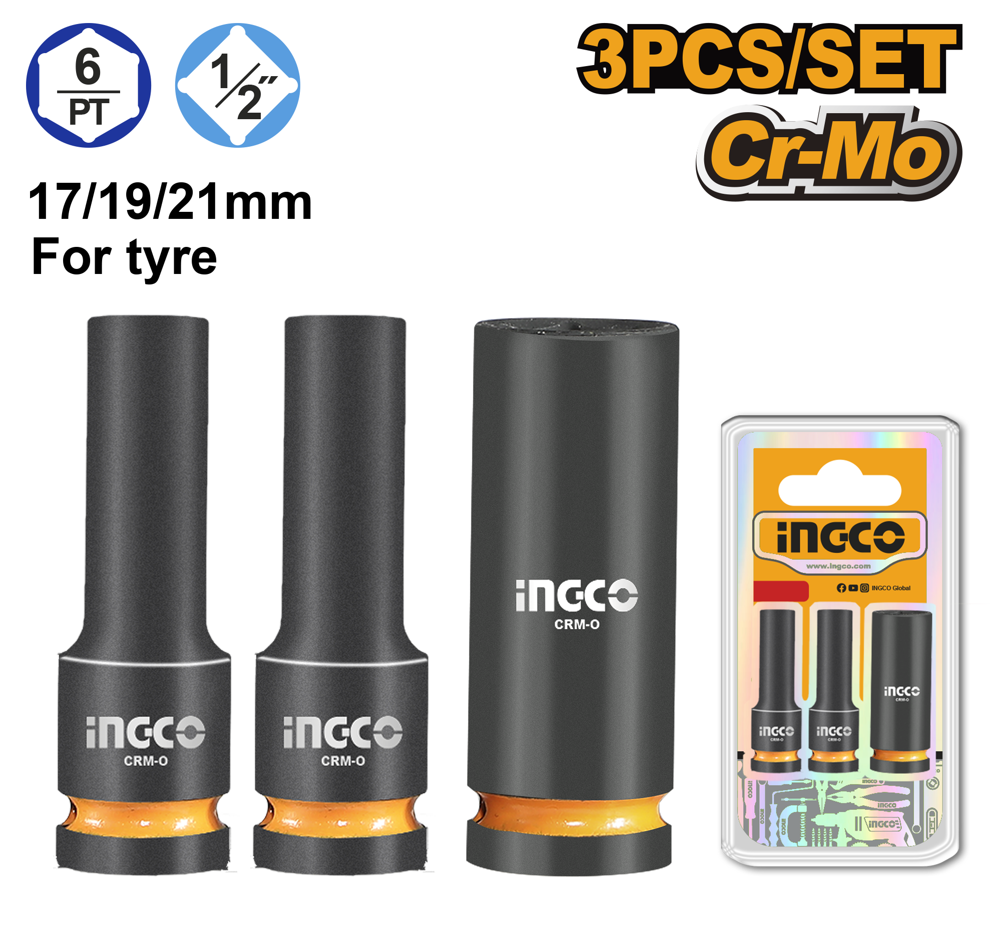 HKISSD12042L 3 Pcs 1/2" DR. Deep impact socket set - HKISSD12042L - Image 1